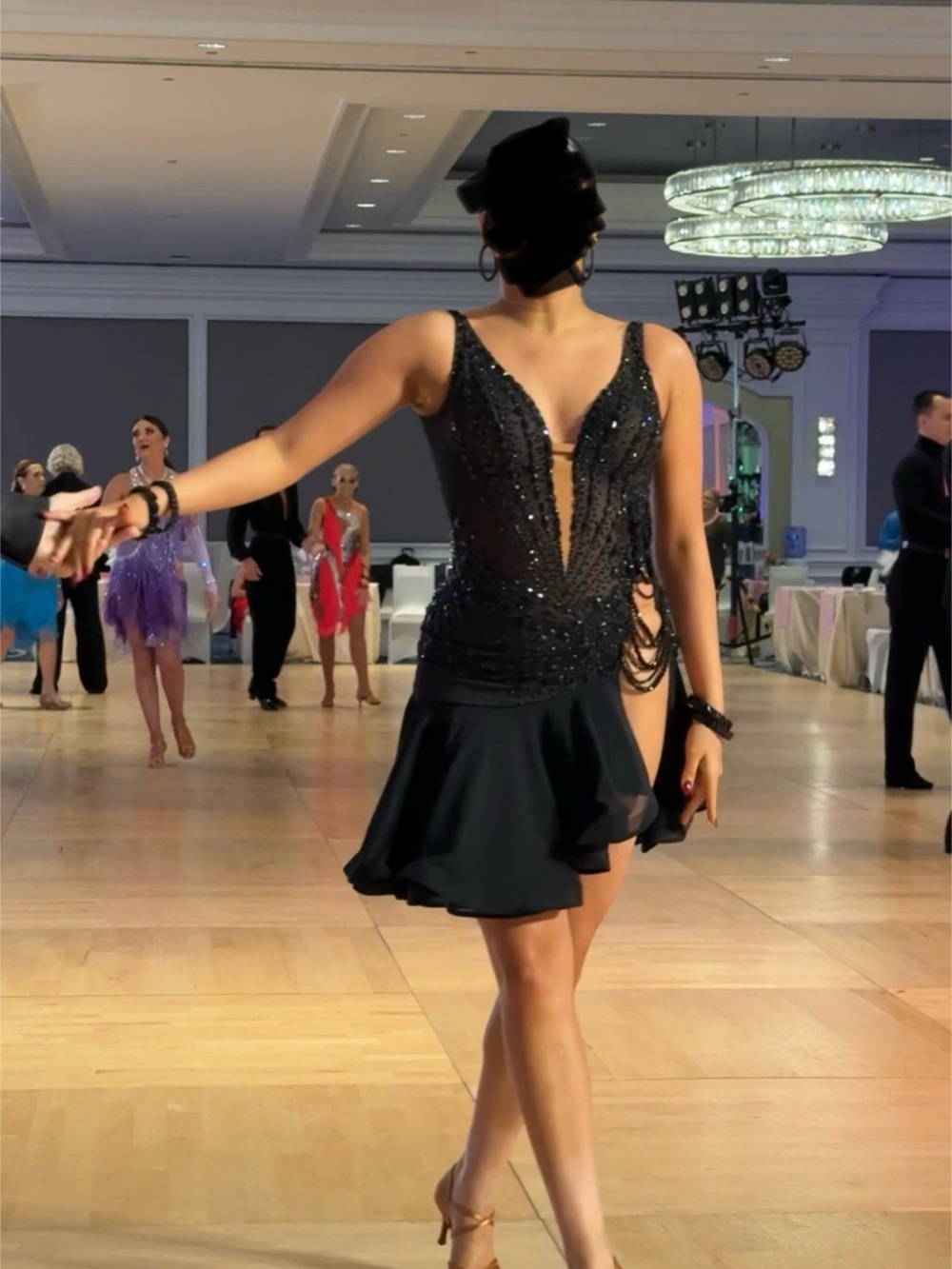 Black Dancecake Couture Latin Mini Dress with Plunging V and Side Cutout